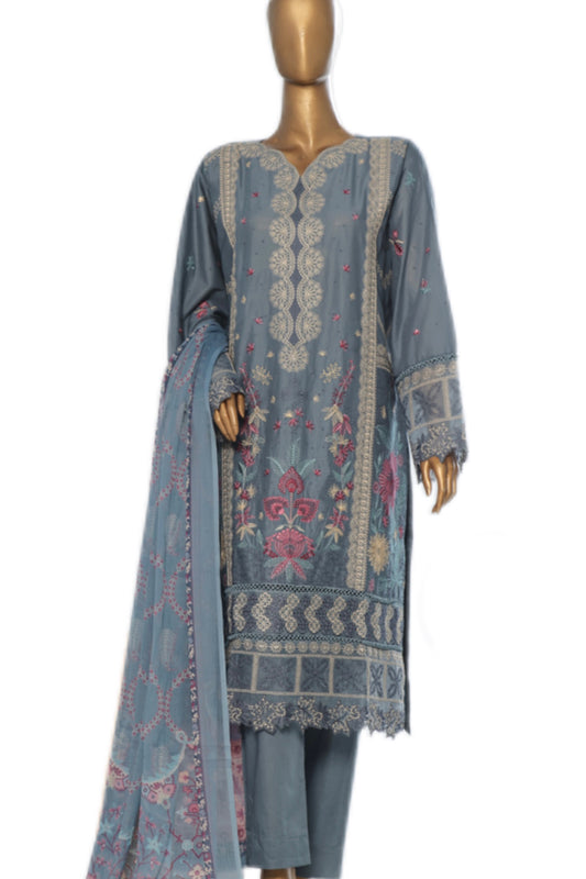 Saffron Embroidered Slate-Blue  3 piece Suit