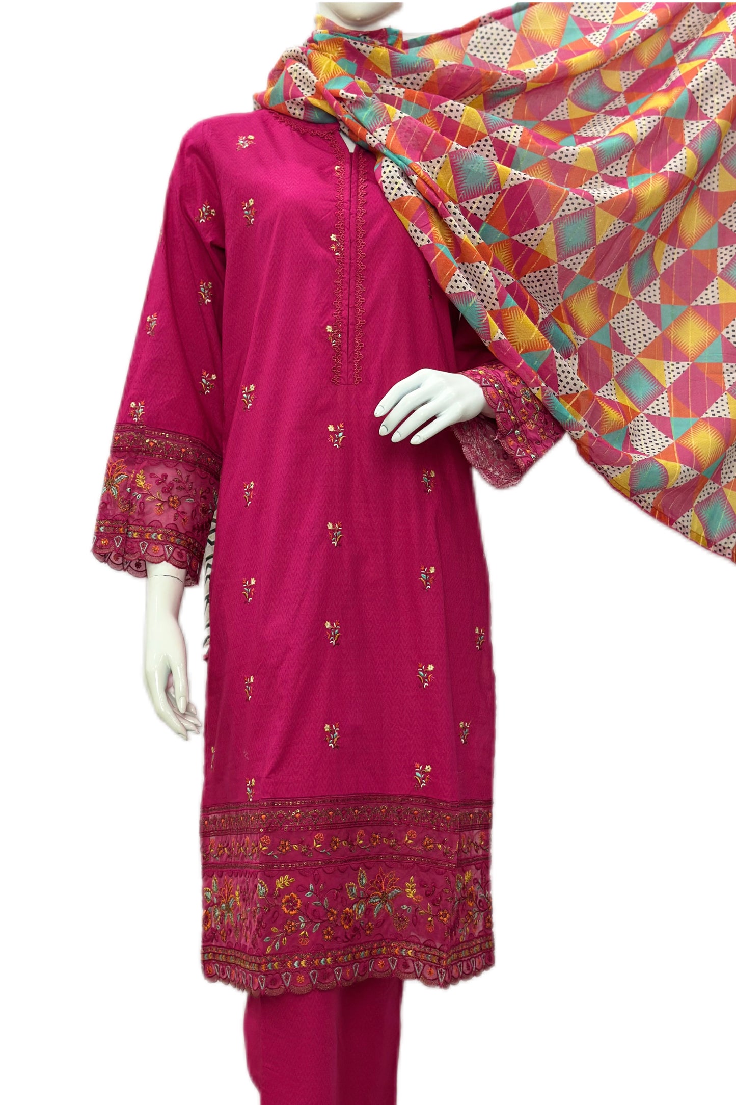 Saffron Embroidered 3 piece Suit-Pink