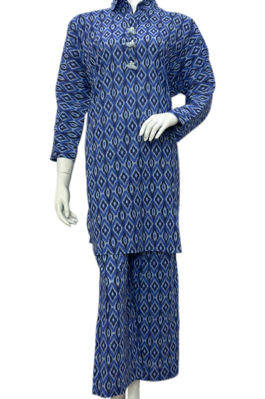 ST Blue Geometric Ikat Print Co-ord Set - 2 Piece