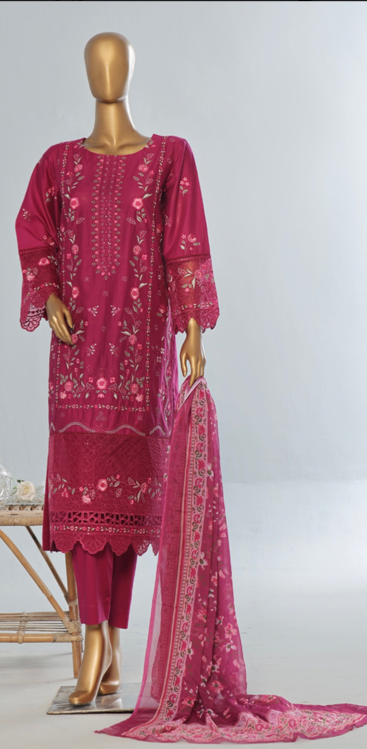 Saffron Embroidered Deep Maroon Floral 3 piece Suit