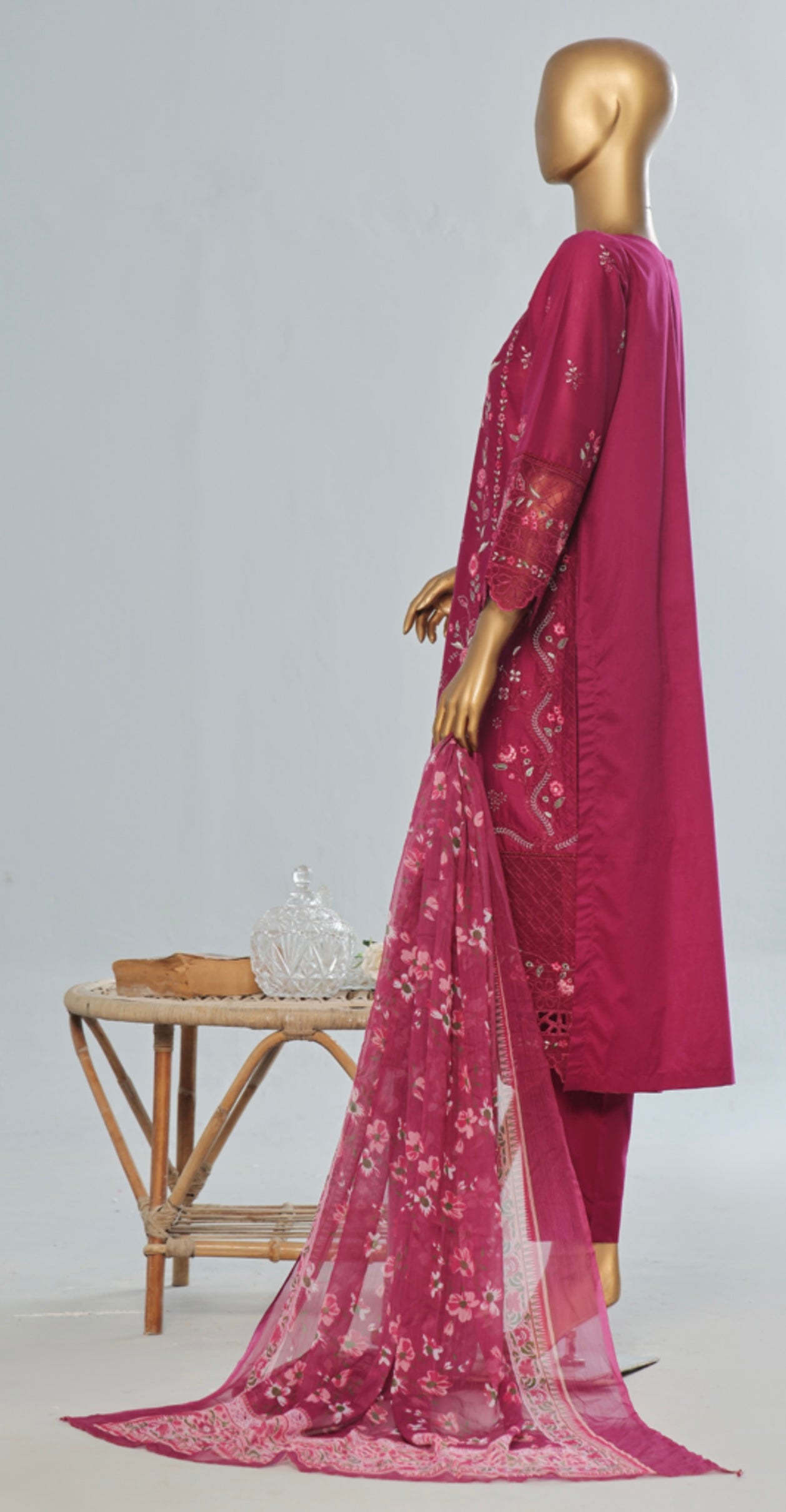 Saffron Embroidered Deep Maroon Floral 3 piece Suit