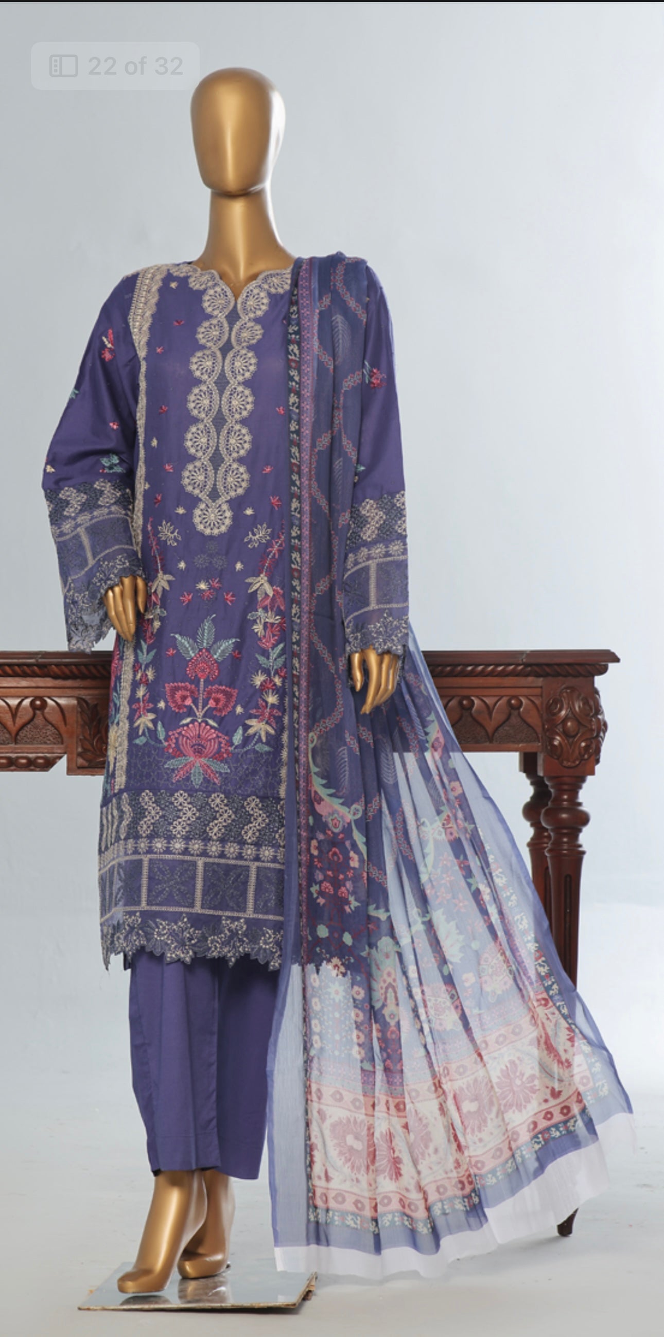 Saffron Embroidered Elegant Purple 3 piece Suit