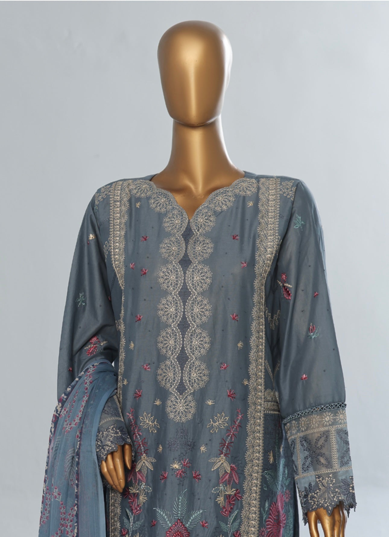 Saffron Embroidered Slate-Blue  3 piece Suit