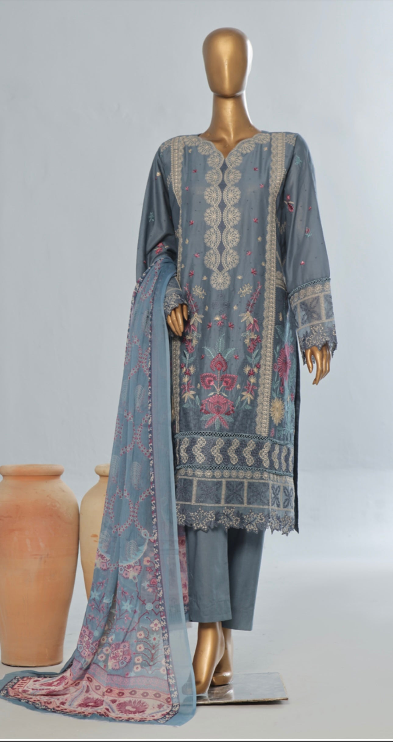 Saffron Embroidered Slate-Blue  3 piece Suit