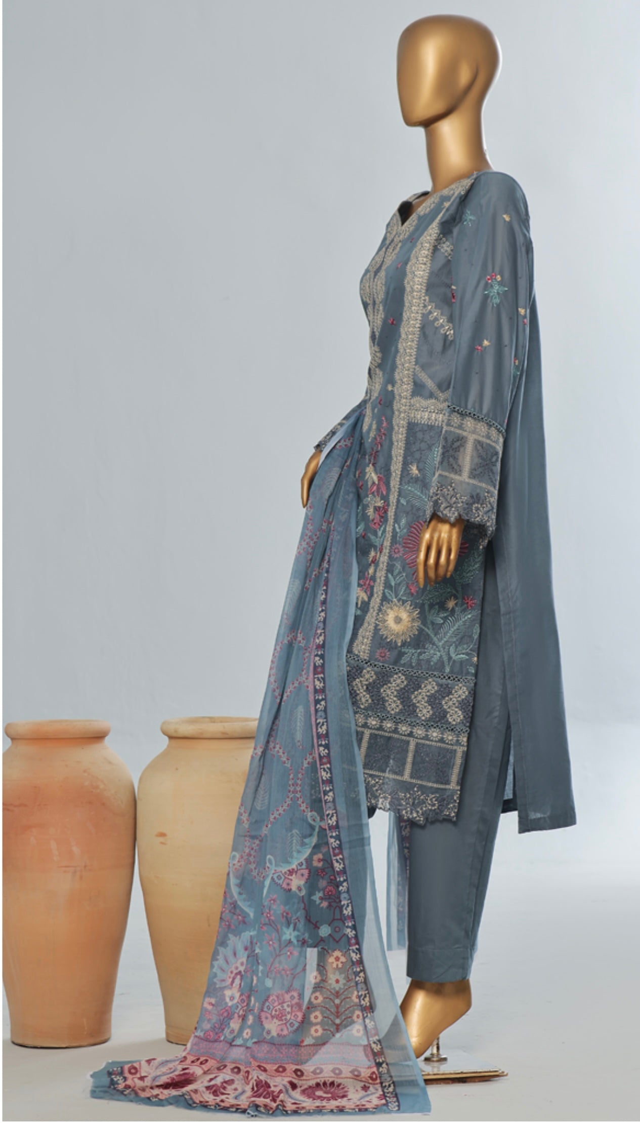 Saffron Embroidered Slate-Blue  3 piece Suit