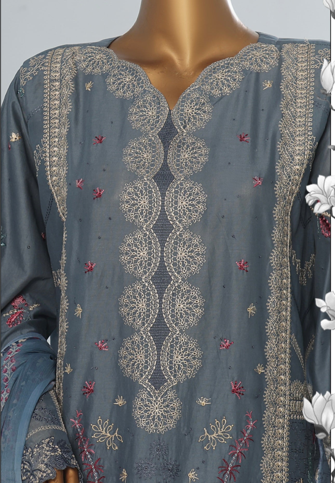 Saffron Embroidered Slate-Blue  3 piece Suit